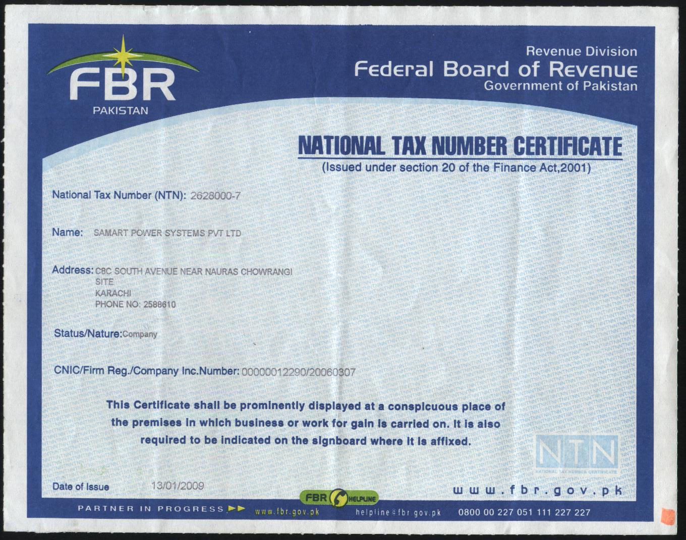 FBR Income Tax & Sales Tax NTN Registration