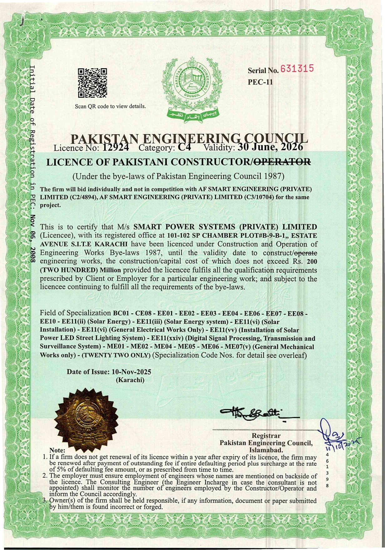 Pakistan Engineering Council Constructor License